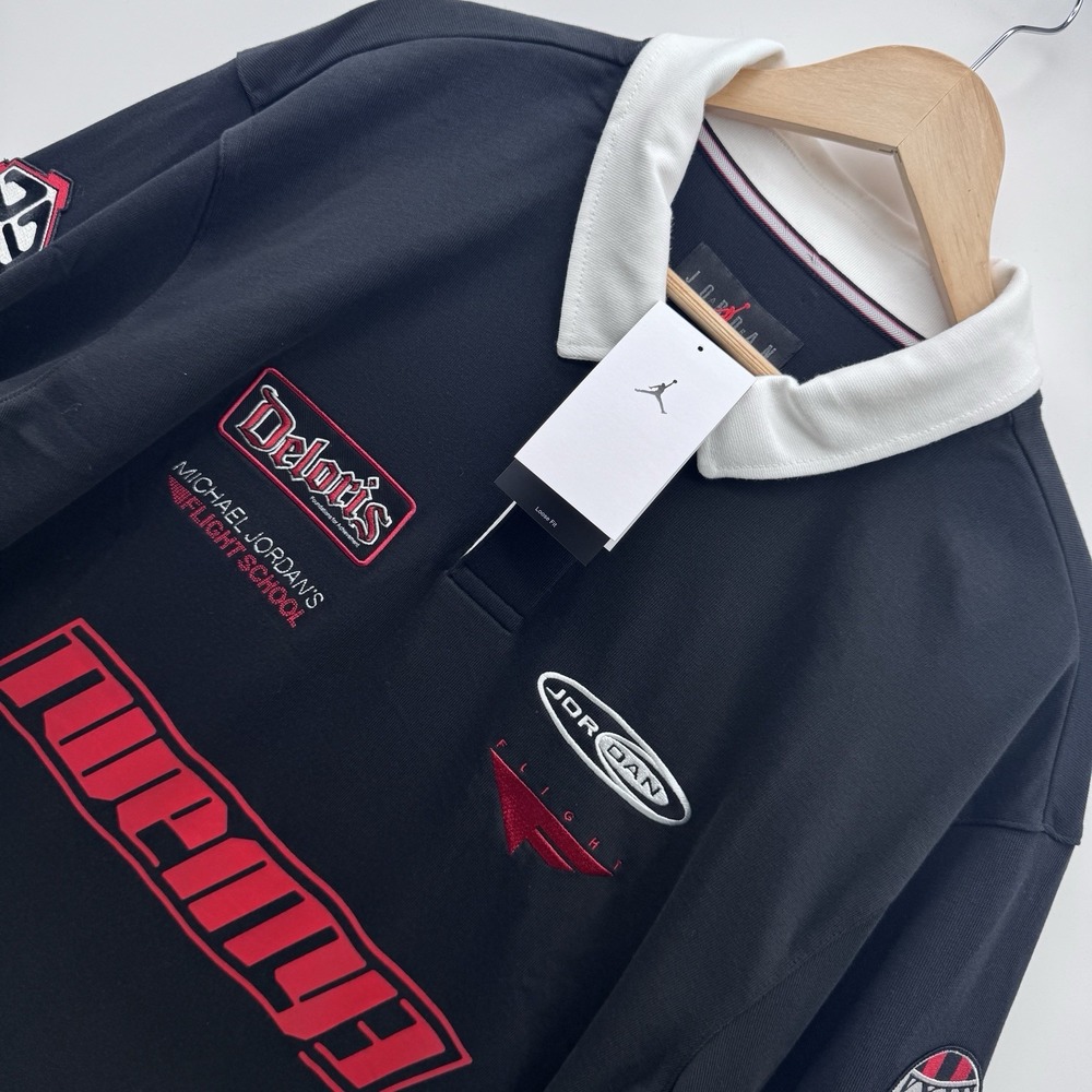 Jordan Flight School Rugby Shirt Mens Large Black Graphic Long Sleeve NWT HF9323